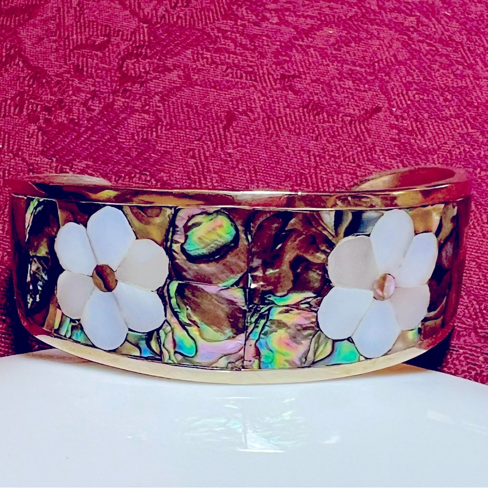Vintage Alpaca Abalone & Mother of Pearl Floral Silver Cuff Bracelet